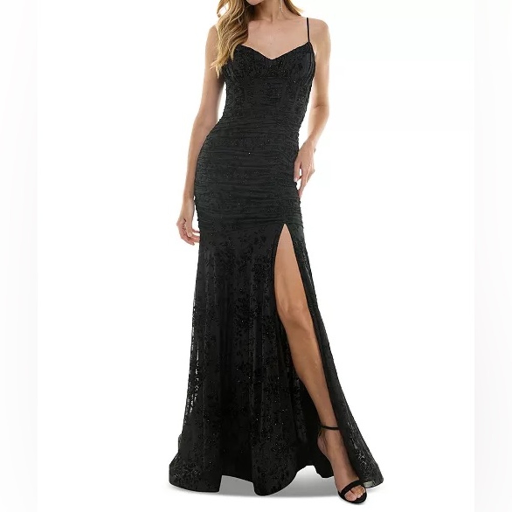 City Studios Juniors' Flocked Glitter Mesh Ruched Corset Gown- Size 11/12